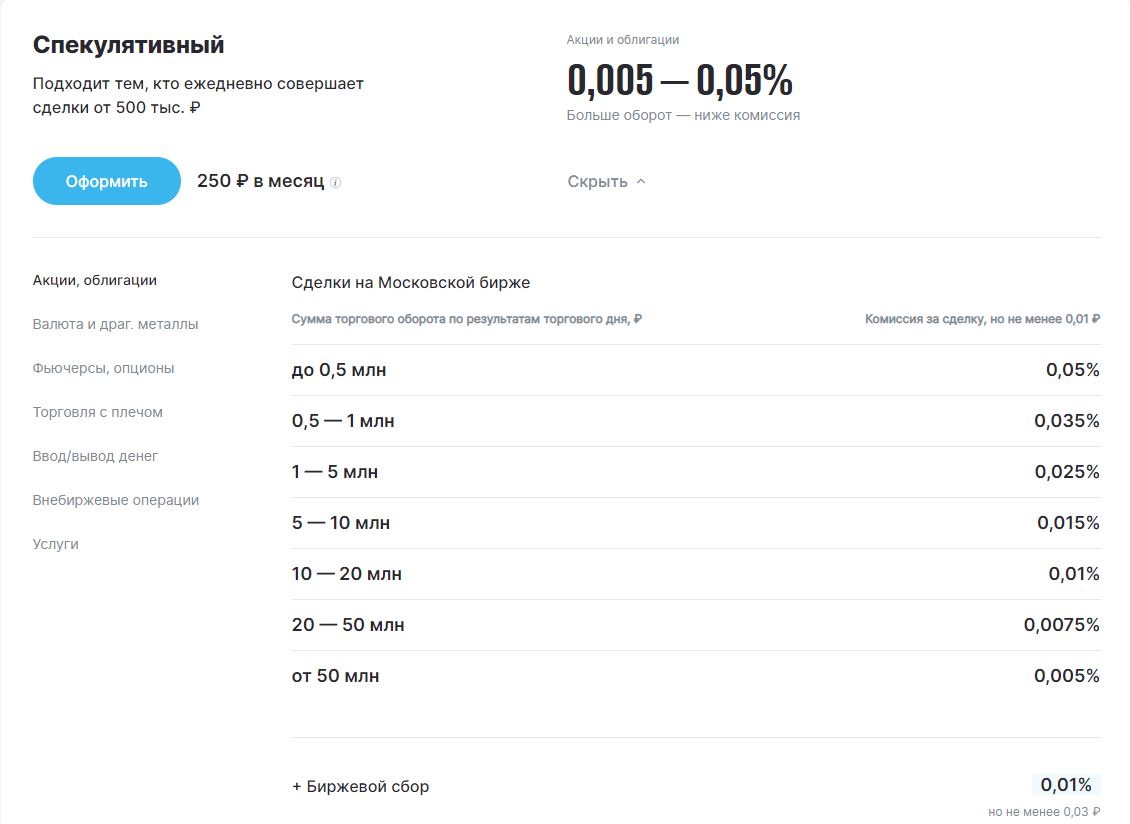 Тарифы брокерского счета